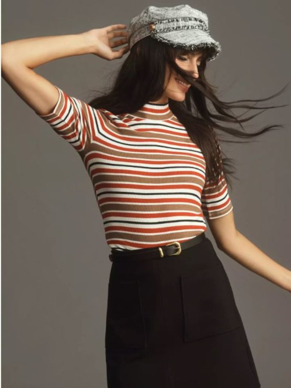 Maeve Mock-Neck Half-Sleeve Ribbed Striped Tee | M